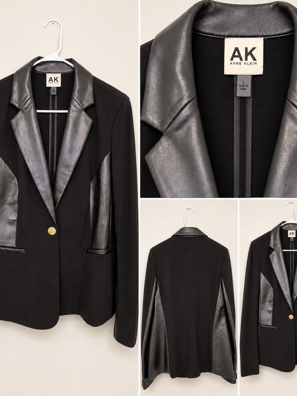 Anne Klein Black Blazer with Faux Leather Panels – Size L